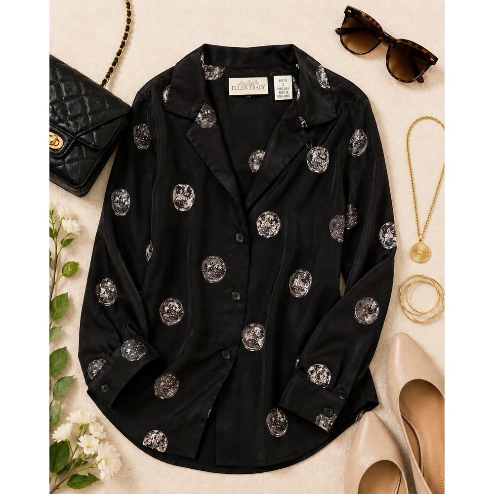Ellen Tracy Petite 2 100% Silk Black Coin Print Button Front Blouse EUC - Picture 2 of 2